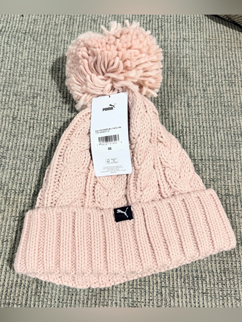 Puma Light Pink Cable Knit Pom Beanie
